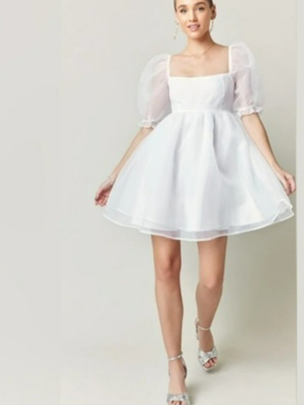 Audrey Parks White Puffy Sleeve Babydoll Mini Dress Sz XL